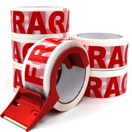 GMKbuy 2 Inch x 216 Feet Fragile Tape Roll (6 Pack) – Easy Tear, Permanent Adhesive Warning Labels for Shipping Box, Carton, Parcel, Package, Pallet & More