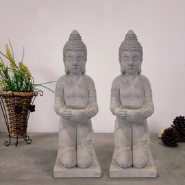 Kante 12.8" H Set of 2 Cement Composite Buddha Statues Ornament, Natural Concrete Indoor/Outdoor Tabletop Décor
