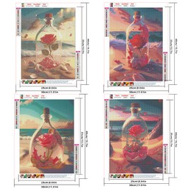4 Pack Diamond Painting Valentine's Day 30 x 40 cm Diamond Painting Landscape Beach and Sea 3D Ai Diamond Painting Rose in Bottle Adult Crystal Rhinestone Embroidery Cross Stitch Embroidery Set Adults