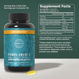 Primal Harvest- Omega 3 Suplementos de Aceite de Pescado, 30 Porciones Cápsulas de Geles Blandos con 1000mg EPA  DHA Suplementos, Sin F               
