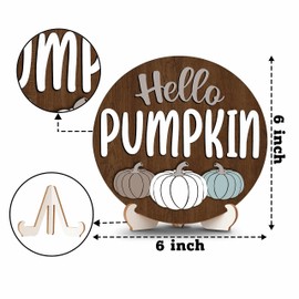 Hello Fall Wooden Sign Decor with Stand, Pumpkin Table Signs for Autumn Desk Centerpieces, Thanksgiving Wood Decorations for Home Room Kitchen Tabletop Decor -A08