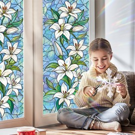 2 Pack Lily Stained Glass Window Film Privacy Decorative – Colorful Leaf Frosted Static Cling Vinyl, No Glue, UV Blocking, Heat Control,Tint for Home Office Bathroom, 17.7 x 39.4 Inches