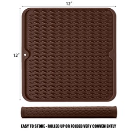Silicone Dish Drying Mat, Non-Slip Easy Clean Sink Mat Large Heat-resistant Dish Drainer Mat for Kitchen Counter, Sink, Refrigerator or Drawer liner (12" x 12", COFFEE)