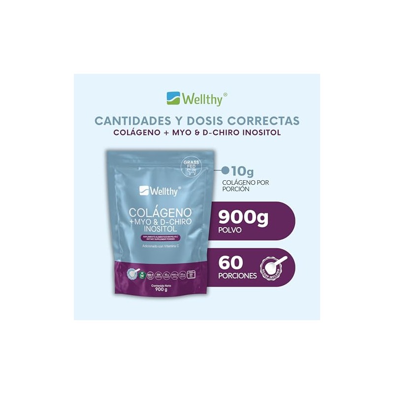 Wellthy Colageno Hidrolizado Myo Chiro Inositol 900g Ratio Azúcar Scoop