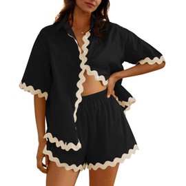 Fixmatti Shorts Sets Women 2 Piece Outfits Button Up Blouse Matching Shorts Set Casual Sweatsuits Black M