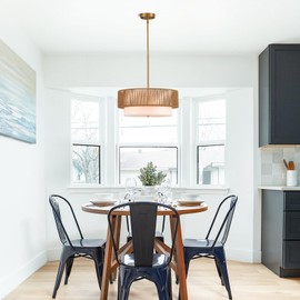 Tunkayli 19" Bamboo Rattan Chandelier Hand-Woven Hanging Light Fixture Golden Drum Chandelier with Fabric Shade Vintage Farmhouse Bamboo Wicker Light Fixtures for Dining Room, Kitchen, Living Room