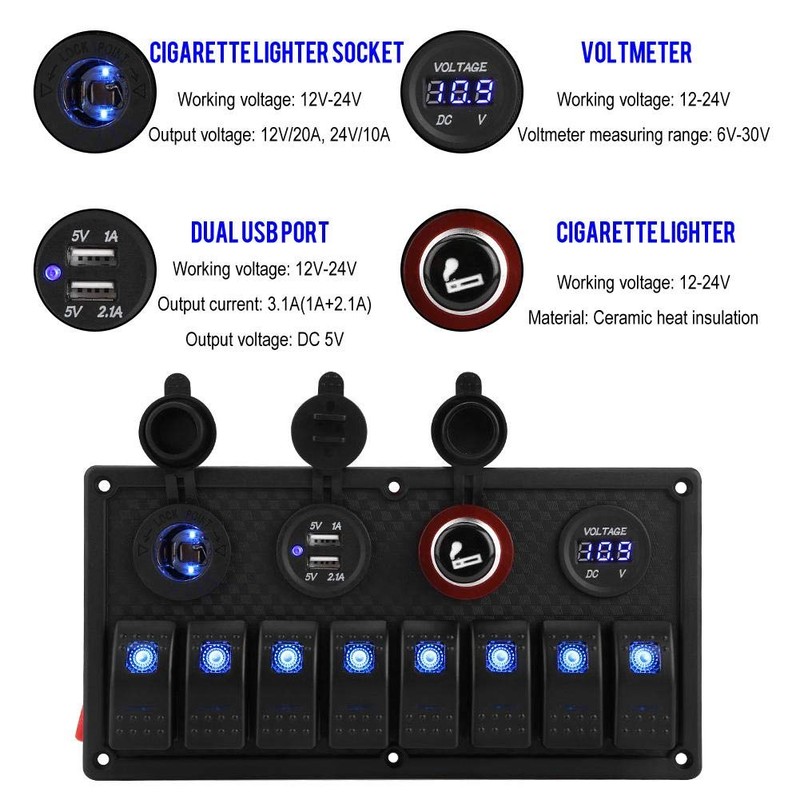 Riloer 8 Gang Combination Switch Panel, 12V / 24V Marine