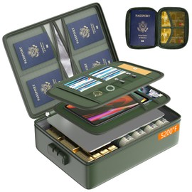 Grothery 5200°F Fireproof Document Box with Lock Fireproof & Waterproof File Organizer Box 8 Layer Heat Insulated Aluminum Foil Important Document Organizer Fire Proof Passport Travel Doc Holder Green
