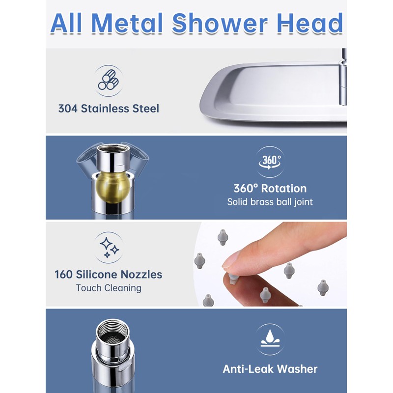 14 Inch All Metal Rectangular Rain Shower Head, Large Rainfall