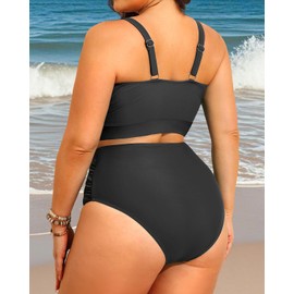 Women's Plus Size High Waisted Bikini - Two Piece Swimsuit Tummy Control Bathing Suit 2025 Twist Swimwear Black 16W