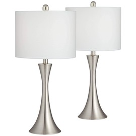 Gerson Modern Contemporary Table Lamps 24" High Set of 2 LED Dimmable Curved Brushed Nickel Metal White Drum Shade for Living Room Bedroom House Bedside Nightstand Home Office - 360 Lighting