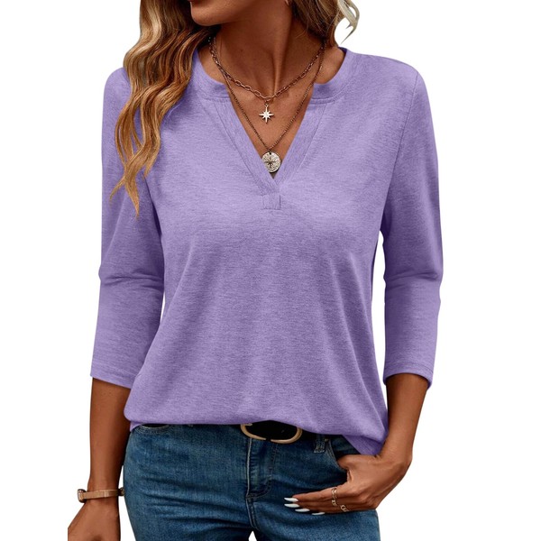 TICTICMIMI Women's V Neck 3/4 Sleeve T Shirts Casual Basic