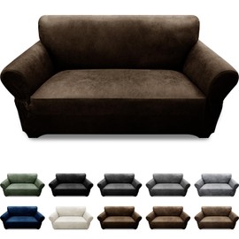Pfrstuv Loveseat Sofa Slipcover Leather Look Couch Covers for 2 Seater Couch Sofa 1-Piece Sofa Cover Stretch Furniture Protector with Elastic Bottom & Pockets(Loveseat, Coffee)