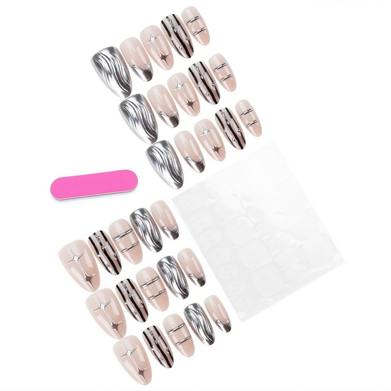 Silver Nails Press ons Short Almond Fake Nails Glossy Nude