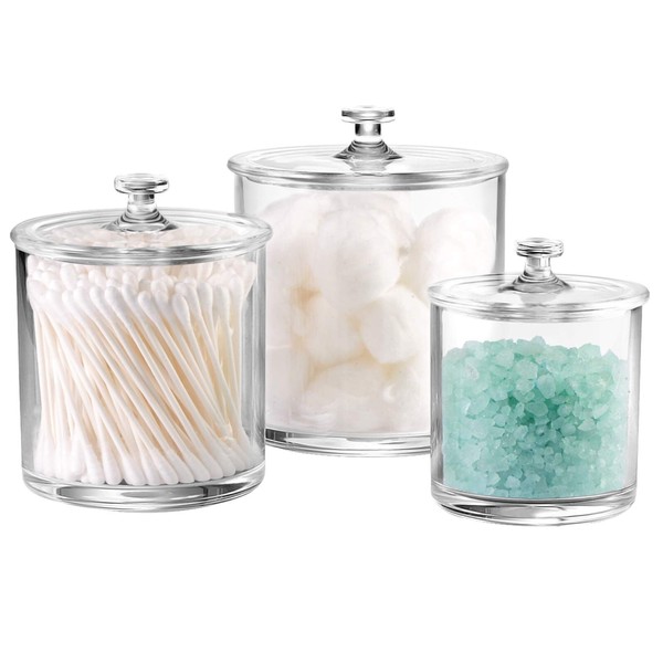 Premium Quality Acrylic Qtip Holder Apothecary Jars Bathroom Vanity Organizer Canister for Qtips,Cotton Swabs,Cotton Balls,Cosmetic Pads,Flossers,Nail Polish,Bath Salts,Clear,Plastic | 3-Pack