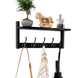 Exper City Coat Rack Wall Mount with Shelf, 17IN Wooden Coat Hooks Wall Mount, Coat Hanger Wall Mount with 5 Metal Hooks, Wall Mount Coat Rack for Entryway, Hanging Shelf with Hooks, Black