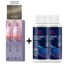 Wella Illumina Hair Dye 893 Light Blonde Cendre Gold 57g x 2 + Welloxone Oxidizing Agent 6% 60g x 2, 1 / 웰라 일루미나 염색약 893 라이트 블론드 센드레 골드 57g x 2개 + 웰록손 산화제 6% 60g x 2개, 1개