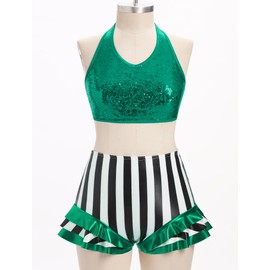 ODASDO Women Trapeze Artist Fancy Dress Circus Costume, Shiny Sequin Halter Neck Crop Top High Waist Stripes Ruffle Shorts Set Dance Outfit for Gymnastic Talent Show Stage Performace Green S