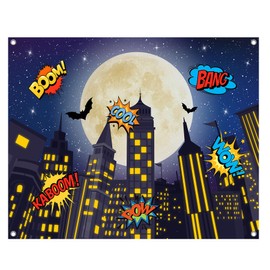 UMURILXY 10x8FT Superhero Cityscape Night Backdrop, Skyline Buildings City Moon Bat Polyester Photography Background for Parties, Birthday Photo Booth Prop Decorations