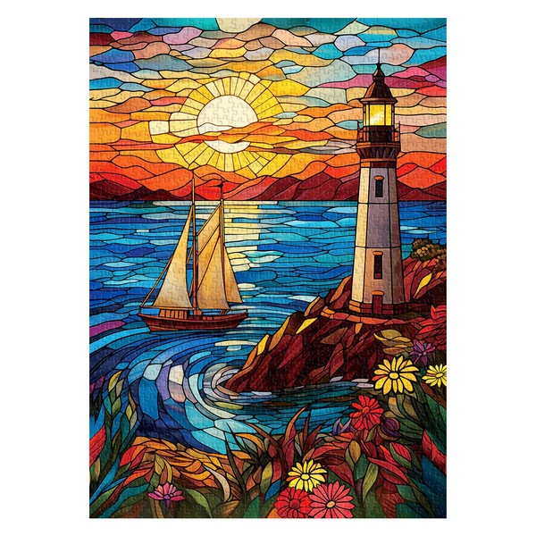 Stained Glass Lighthouse Puzzles for Adults 1000 Pieces, Sunset Beach
