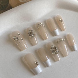 Coffin Shaped Luxury Press on Nails | Ballerina Artificial False Nails, Glossy Nude Fake Nails with 3D Diamonds, Salon Quality Reusable Nails Kit (White Valentine - Size M)