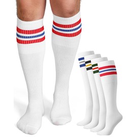 Shihanee 4 Pairs Striped Tube Socks for Men School Tube Socks Cotton Athletic Triple Stripe Knee High Sock Size 10-13(Combination Color)