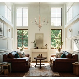 Fminlla 6 Light Farmhouse French Country Chandelier Light Fixture Modern Candle Style Chandelier Distressed White Wood Chandeliers for Dining Room, Kitchen Island, Living Room,Bedroom, E12