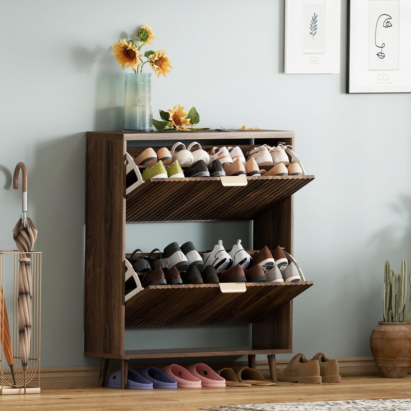 QIVOMIX Shoe Cabinet Storage,Modern Freestanding Organizer with 2 Flip Drawers,Narrow