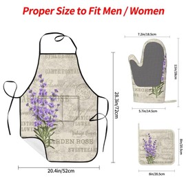 BOKEKANG Lavender Flowers Elegant Postcard Vintage Oven Mitts and Pot Holders with Apron Set of 5 Silicone Kitchen Mitten and Non-Slip Potholders Apron Set Heat Resistant Oven Gloves Hot Pads Set