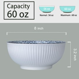 Yuanlity 60 oz Large Soup Bowls, Pho Bowls, 8 Inch Blue and White Ceramic Japanese Ramen Bowls Set of 3 - Leaf Pattern