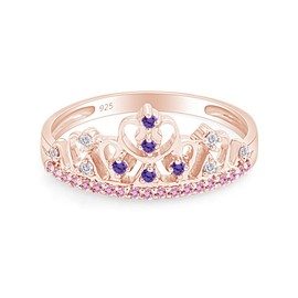 AFFY Round Cut Simulated Multi Stone Rapunzel Princess Style Engagement Wedding Crown Ring in 14k Rose Gold Over Sterling Silver with Ring Size 8.5