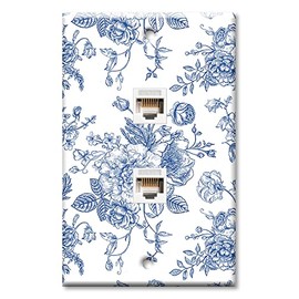 Art Plates - Two Port RJ45 Ethernet decorative printed keystone style wall plate. Works with Cat5 through Cat8 cables. Female to Female Connections. - Blue Flower Line Art