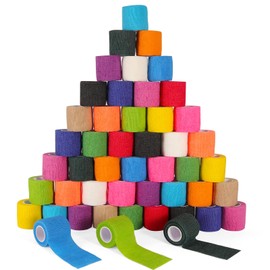48 Pack Self Adhesive Bandage Wrap, 2” x 5 Yards Cohesive Medical Tape Elastic Grip Tape Black Sports Tape Athletic for Ankle, Wrist Sprains, Pet First Aid (Multi-Color)
