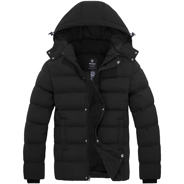 wantdo Men's Windproof Hooded Thicken Winter Coat Puffer Jacket with Hood (Black, Medium)