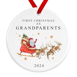 First Christmas as Grandparents Bauble | Santa Sleigh Reindeers Ceramic Decoration | Newborn Baby Ornament Gift (D1 Red Ribbon)