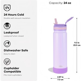 Insulated Stainless Steel Water Bottle with Straw, Ceramic-Lined, BPA-Free & Leak-Proof, 24 oz, Sparkling Lavender