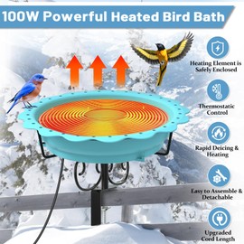 Webuys Heated Bird Baths for Outdoors, 100W Heated Bird Bath for Deck Railing, Heated Birdbath with Thermostat Control, Heated Bird Bath for Outside Winter Garden Patio Yard (Blue)