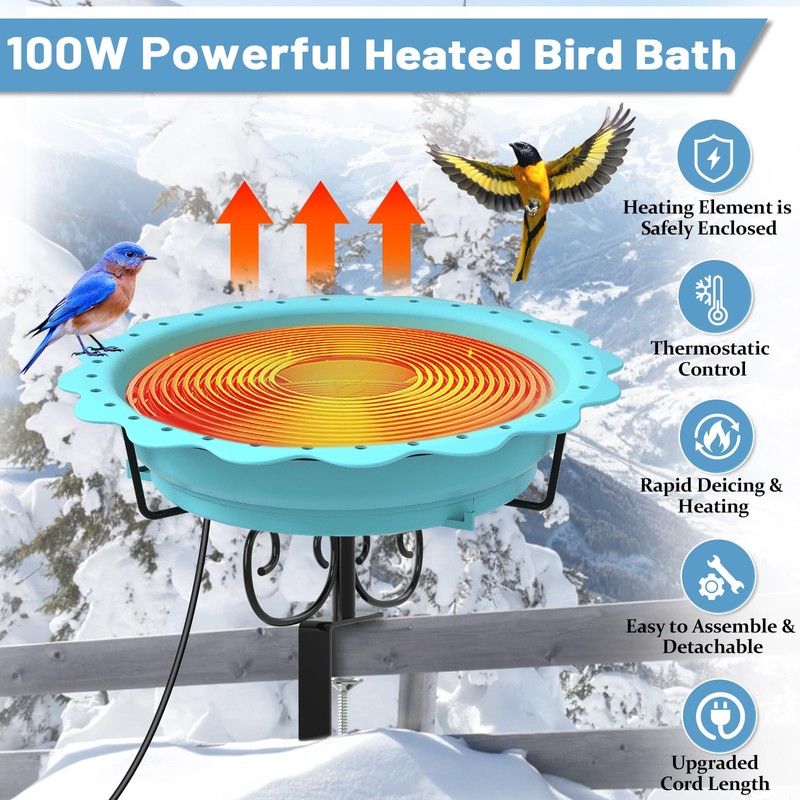 Webuys Heated Bird Baths for Outdoors, 100W Heated Bird Bath