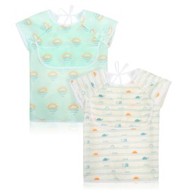 Little Dimsum 2 Pcs Baby Food Bibs Short Sleeves Feeding Bibs Waterproof Baby Bibs Toddler Bibs Apron Smock with Top Pocket Bag for Babies/Toddlers/Infants(turtle&sun)