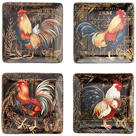 Certified International Gilded Rooster10.5" Square Dinner Plates, Set of 4 Assorted Designs