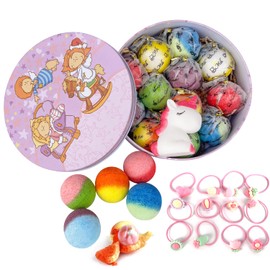 Bath Bombs for Kids, 12+1 Bath Bombs with Girls Hair Ties Inside Bonus1 Funny Squeaking Toy, Organic Colorful Bubble Bath for Kids Safe, Tin Box Bath Bombs for Girls Gift Set for Birthday, Party