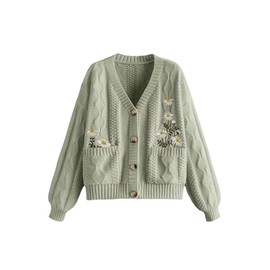 GORGLITTER Women's Chunky Boho Button Up Cute Cardigan Embroideried Fall Trendy 2025 Sweaters Cottage Core Clothes Green Small