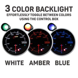 RACETECH 95mm Performance Electrical Speedometer - 140 MPH - Smoked Lens White Amber Blue LED Warning Function, Peak Mode, Daisy Chain, Adjustable Brightness - for 12V Car