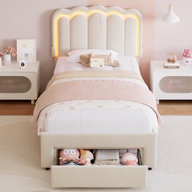 Velvet Upholstered Twin LED Bed Frame with Storage Drawer and Adjustable Chic Double Wavy Headboard, Princess Platform Bed for Kids/Girls, Solid Wood Slats Support, No Box Spring Needed, Beige