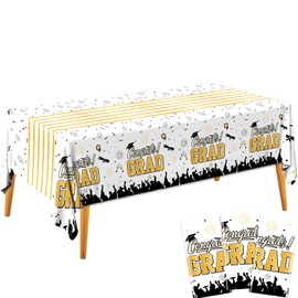 CMUSKO Graduation Tablecloths, 3 Pcs Graduation Party Decorations Rectangular Tablecloth, Congrats Grad Graduation Party Tablecover Decorations for Class of 2024 (White and Gold)
