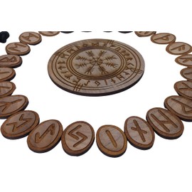 Generisch Vegvísir Vegvisir 25 Wooden Rune Stones Set Walnut (Runes 30 x 40 mm Compass 130 mm)