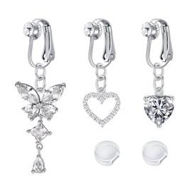 Briana Williams 3pcs fake belly button bar ring Clip on non piercing belly button jewellery silver butterfly heart with CZ