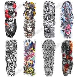 Yesallwas Tattoo Stickers, Large Tattoos, Realistic Shoulder to Wrist, Set of 8, Waterproof, Long Lasting, Tattoo Stickers, Body Stickers, Men Women, Tattoo Stickers, TATOO (E)