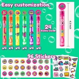 24PCS 90s DIY Bubble Wands Party Favors 96PCS Stickers for Goodie Bag Fillers Pinata Stuffers, Mini Bubble Bulk Birthday Party Supplies Toys Gifts Class Prizes for Toddlers Boys Girls