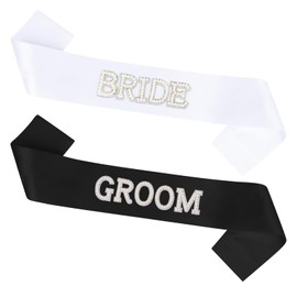 Araluky 2 Pcs White Bride Sash & Black Groom Sash, Pearl Bachelorette Sashes for Bachelorette Party Decorations Bridal Shower Wedding Hen Party Bride to Be Decorations